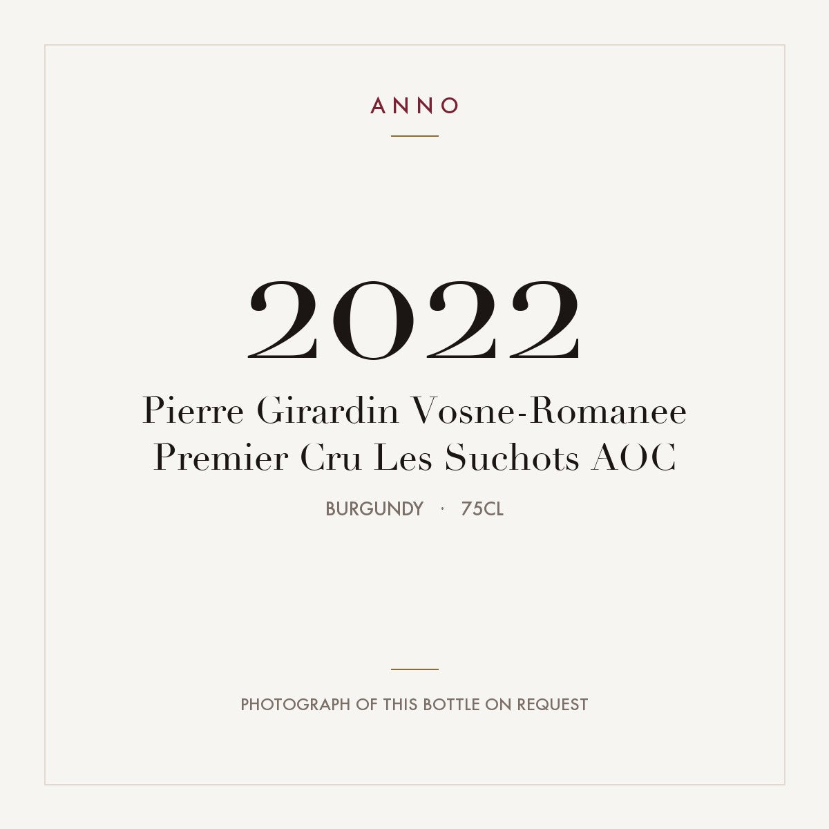 Pierre Girardin Vosne-Romanee Premier Cru Les Suchots 2022 AOC 0,75l, Borgonha — cartão de colheita ANNO; fotografia da garrafa real disponível a pedido