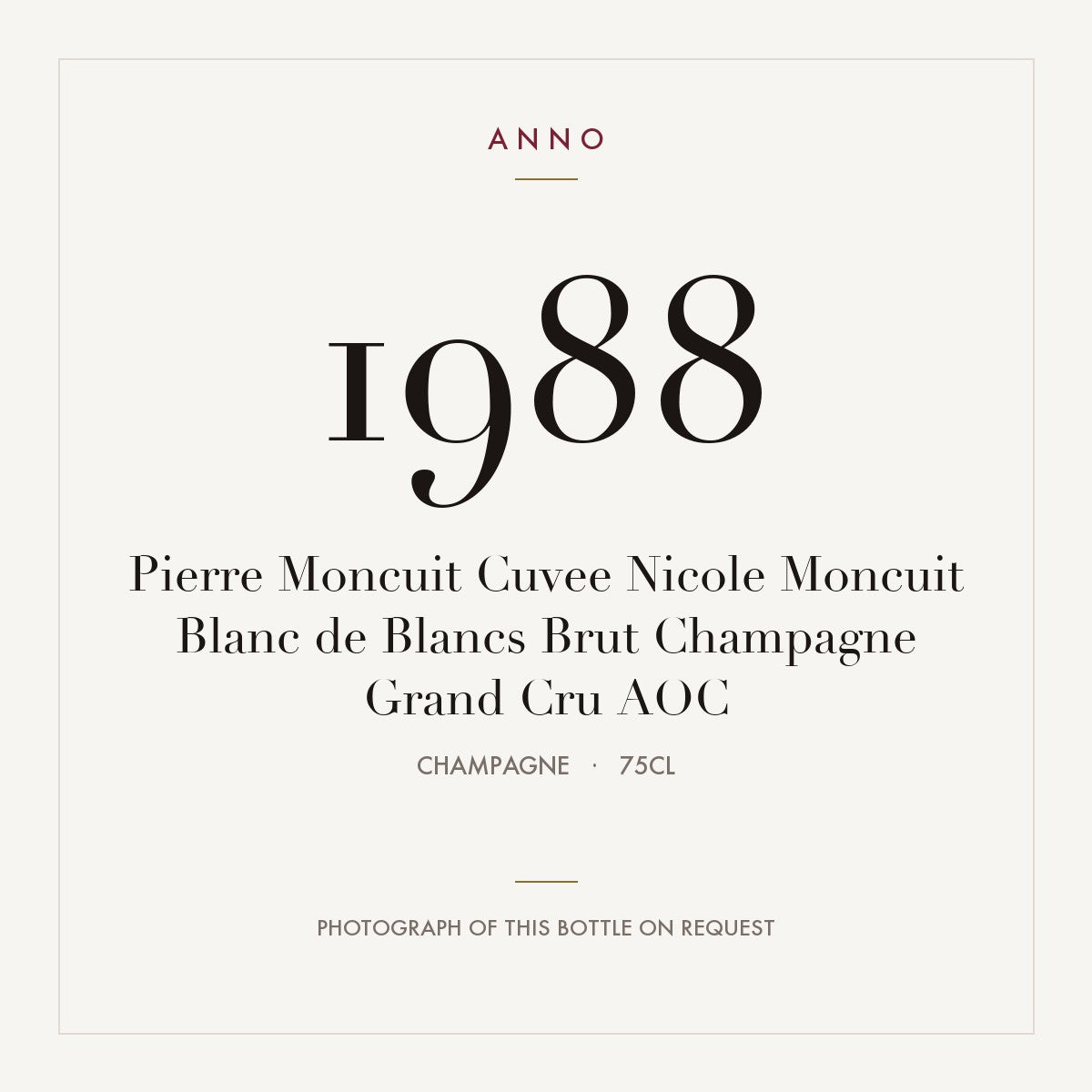 Pierre Moncuit Cuvee Nicole Moncuit Blanc de Blancs Brut Champagne Grand Cru 1988 AOC 0,75l, Шампань — карточка урожая ANNO; фото настоящей бутылки по запросу