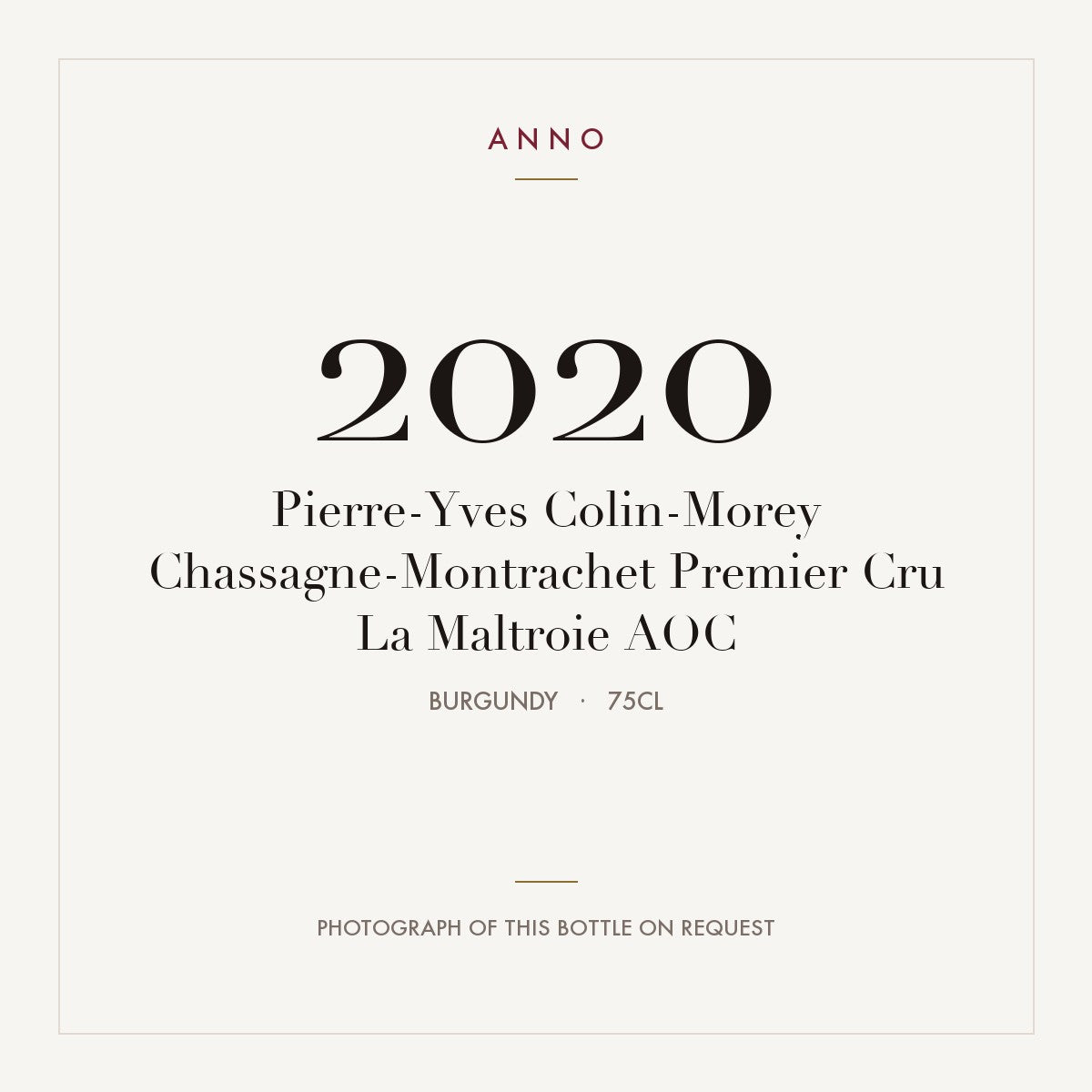 Pierre-Yves Colin-Morey Chassagne-Montrachet Premier Cru La Maltroie 2020 AOC 0,75l, Borgonha — cartão de colheita ANNO; fotografia da garrafa real disponível a pedido