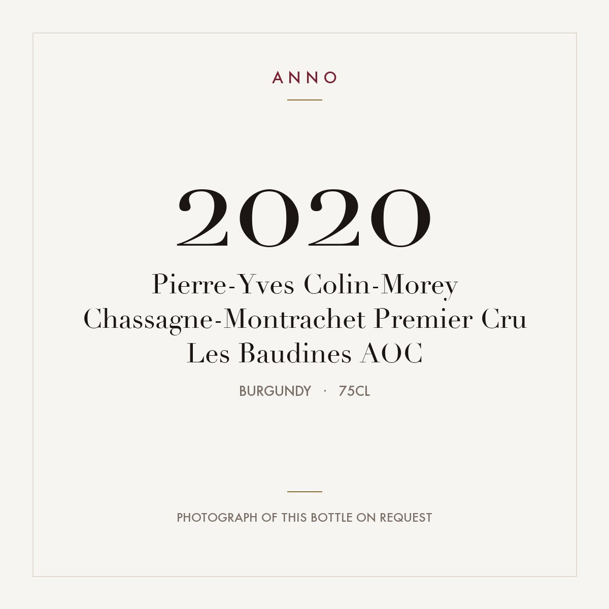 Pierre-Yves Colin-Morey Chassagne-Montrachet Premier Cru Les Baudines 2020 AOC 0,75l, Bourgogne — ANNO-jaargangkaart; foto van de echte fles op aanvraag