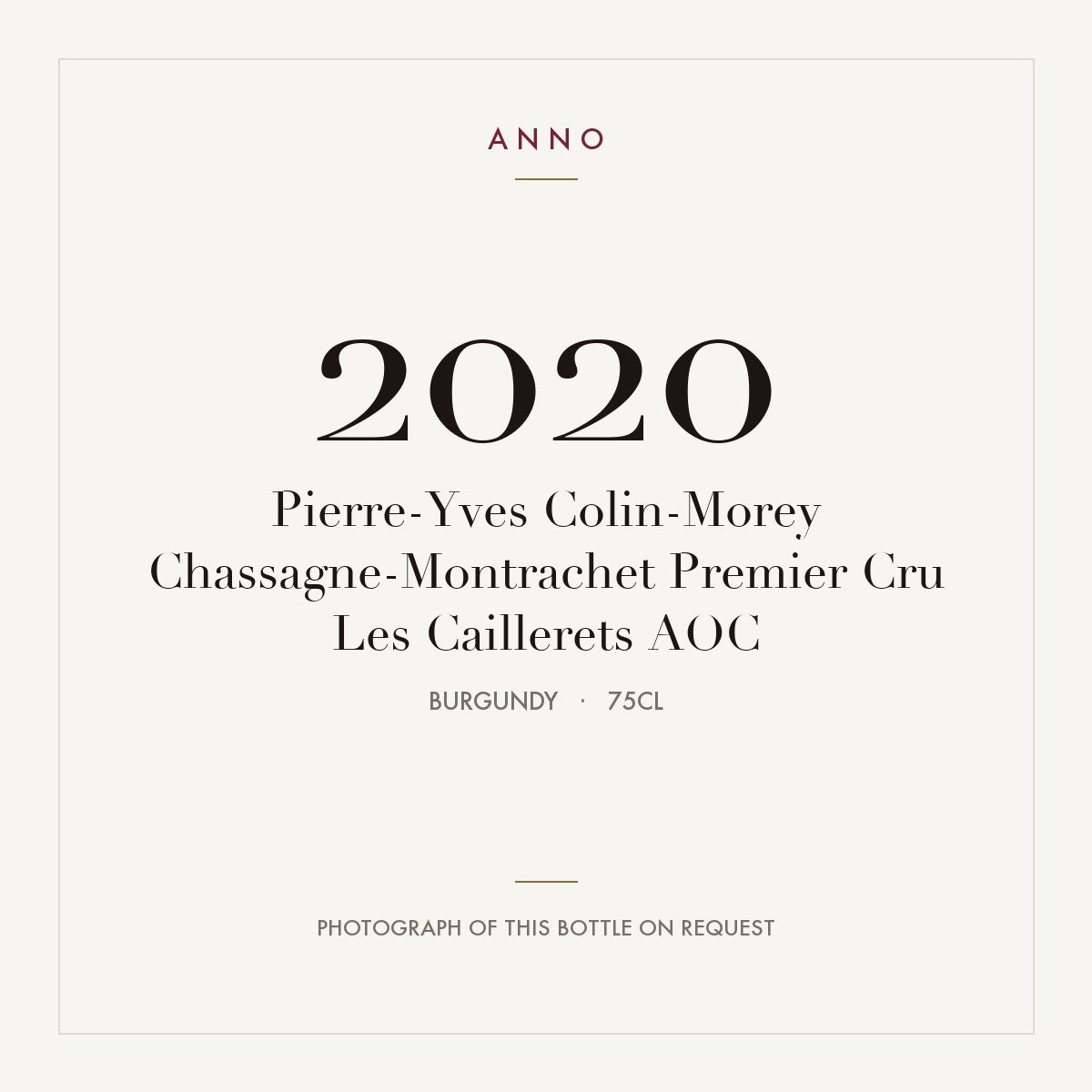 Pierre-Yves Colin-Morey Chassagne-Montrachet Premier Cru Les Caillerets 2020 AOC 0,75l, Bourgogne — ANNO-jaargangkaart; foto van de echte fles op aanvraag