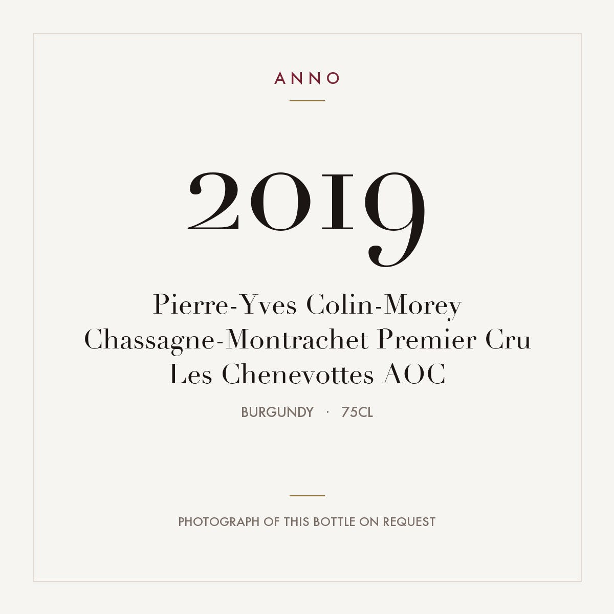 Pierre-Yves Colin-Morey Chassagne-Montrachet Premier Cru Les Chenevottes 2019 AOC 0,75l, Bourgogne — ANNO-jaargangkaart; foto van de echte fles op aanvraag