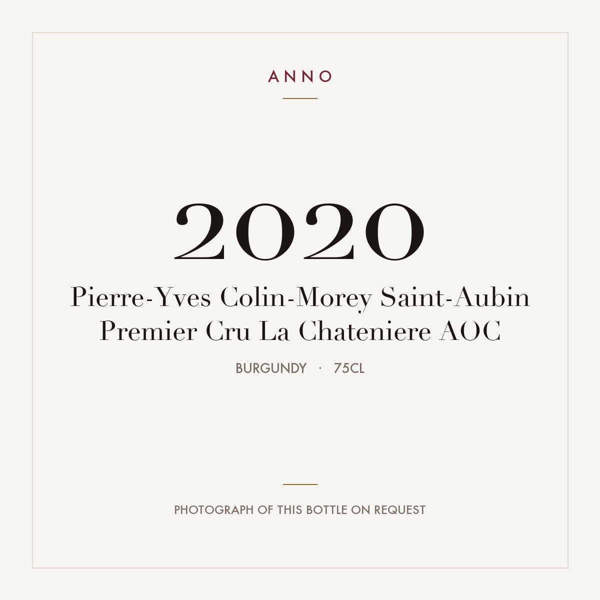 Pierre-Yves Colin-Morey Saint-Aubin Premier Cru La Chateniere 2020 AOC 0,75l, Borgogna — card dell'annata ANNO; foto della bottiglia reale disponibile su richiesta