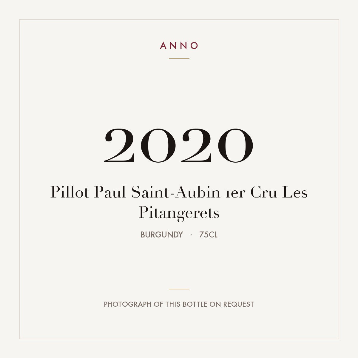 Pillot Paul Saint-Aubin 1er Cru Les Pitangerets 2020 0,75l from Burgundy — ANNO vintage card; photograph of the actual bottle available on request