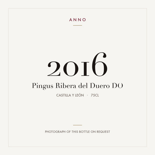Pingus Ribera del Duero 2016 DO 0,75l from Castilla y León — ANNO vintage card; photograph of the actual bottle available on request