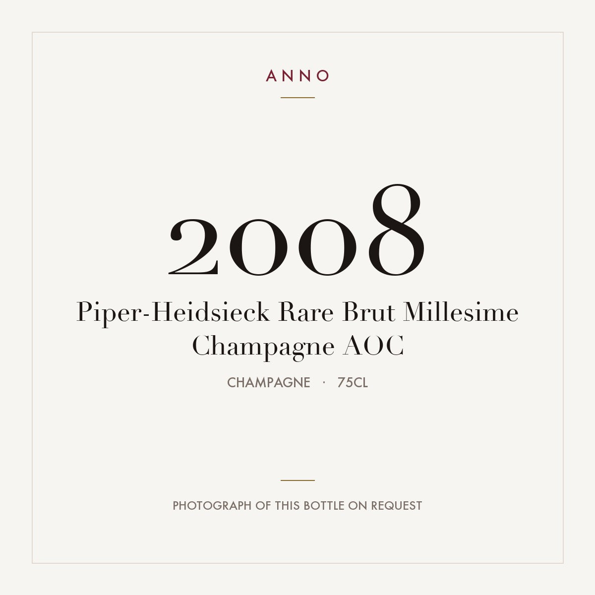 Piper-Heidsieck Rare Brut Millesime Champagne 2008 AOC 0,75l, Champagne — cartão de colheita ANNO; fotografia da garrafa real disponível a pedido