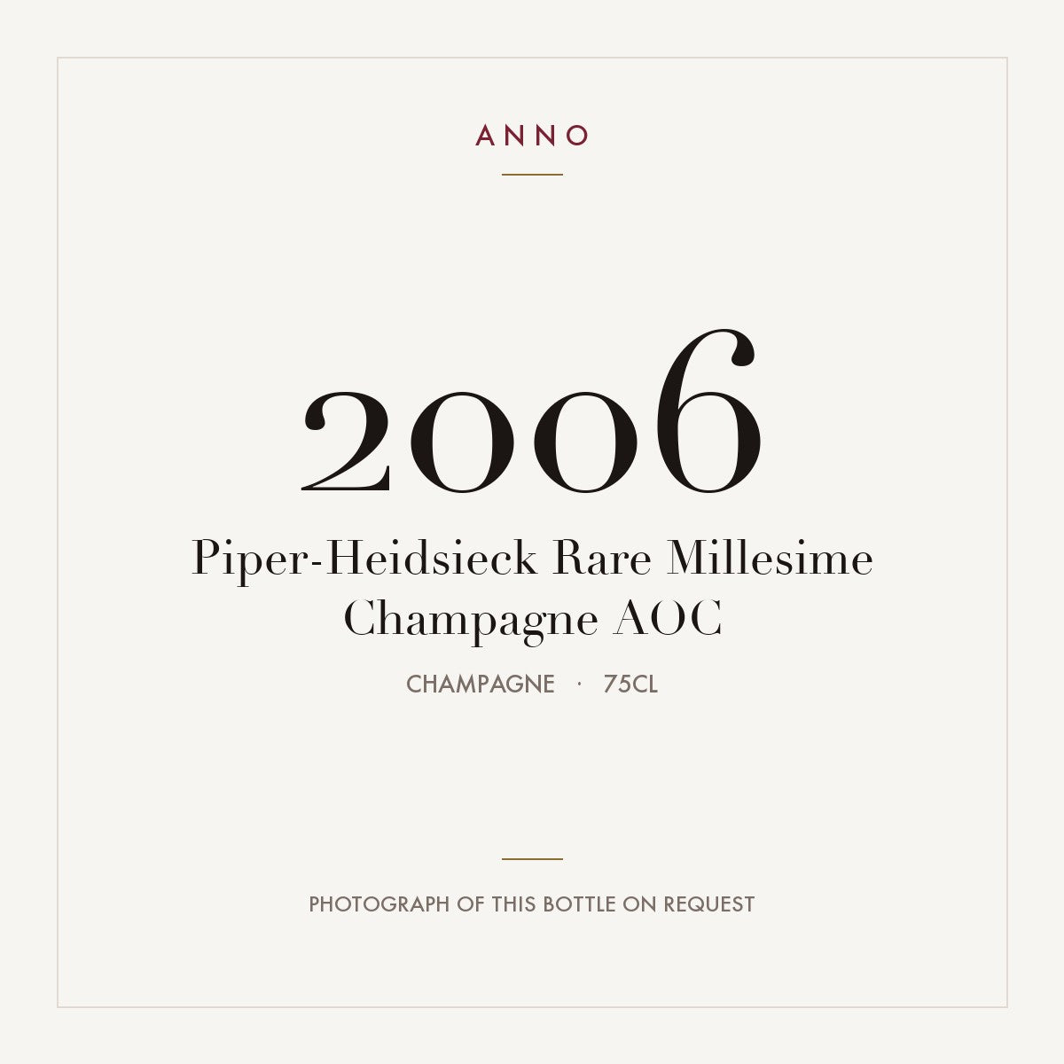 Piper-Heidsieck Rare Millesime Champagne 2006 AOC 0,75l, Champagne — ANNO-Jahrgangskarte; Foto der tatsächlichen Flasche auf Anfrage