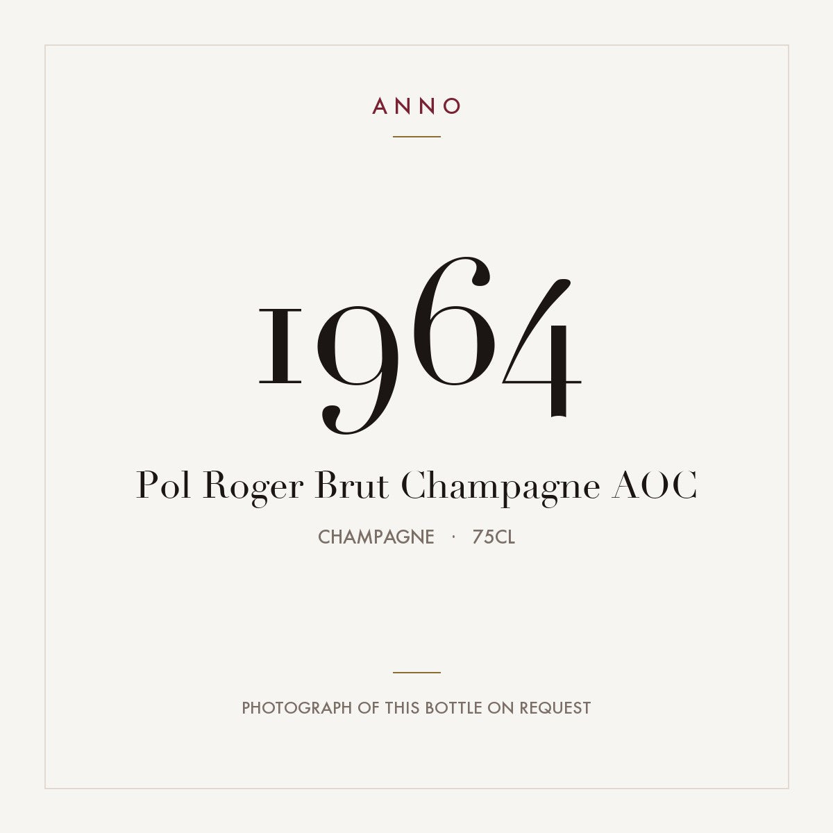Pol Roger Brut Champagne 1964 AOC 0,75l from Champagne — ANNO vintage card; photograph of the actual bottle available on request