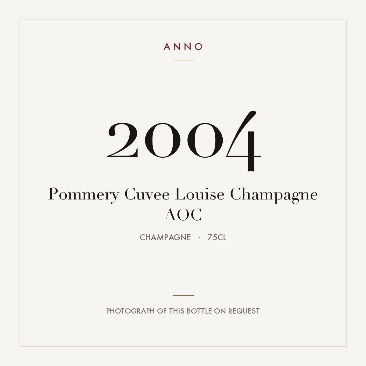 Pommery Cuvee Louise Champagne 2004 AOC 0,75l, Champagne — cartão de colheita ANNO; fotografia da garrafa real disponível a pedido