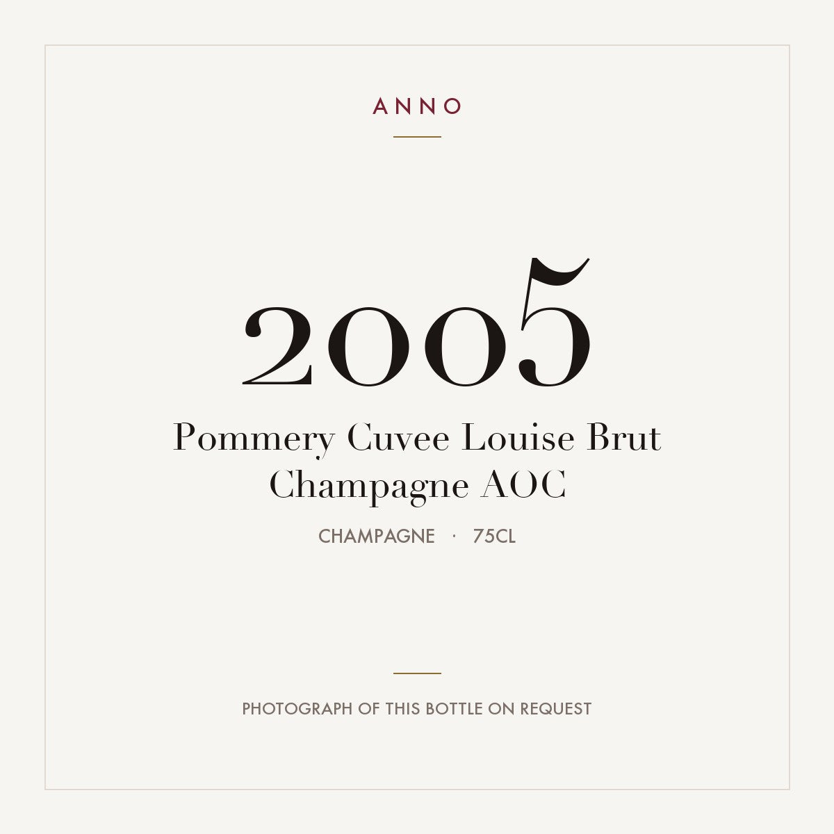 Pommery Cuvee Louise Brut Champagne 2005 AOC 0,75l, Champagne — tarjeta de añada ANNO; foto de la botella real disponible bajo petición