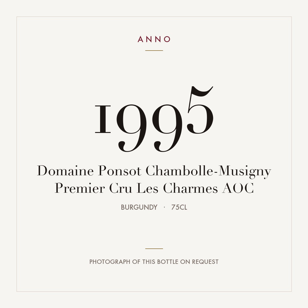 Domaine Ponsot Chambolle-Musigny Premier Cru Les Charmes 1995 AOC 0,75l, Bourgogne — ANNO-jaargangkaart; foto van de echte fles op aanvraag