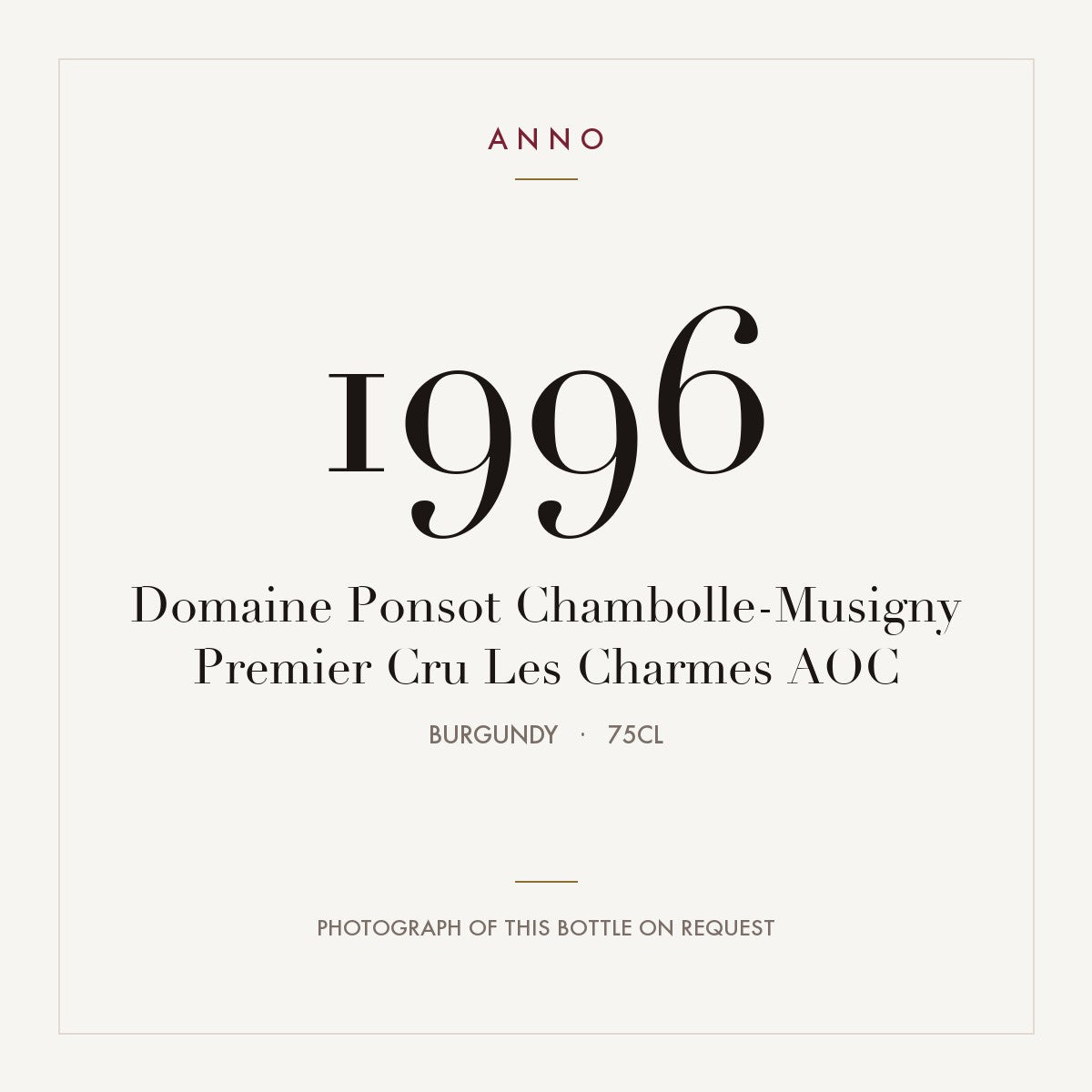 Domaine Ponsot Chambolle-Musigny Premier Cru Les Charmes 1996 AOC 0,75l, ブルゴーニュ — ANNOヴィンテージカード。実際のボトルの写真はご要望に応じてご用意します