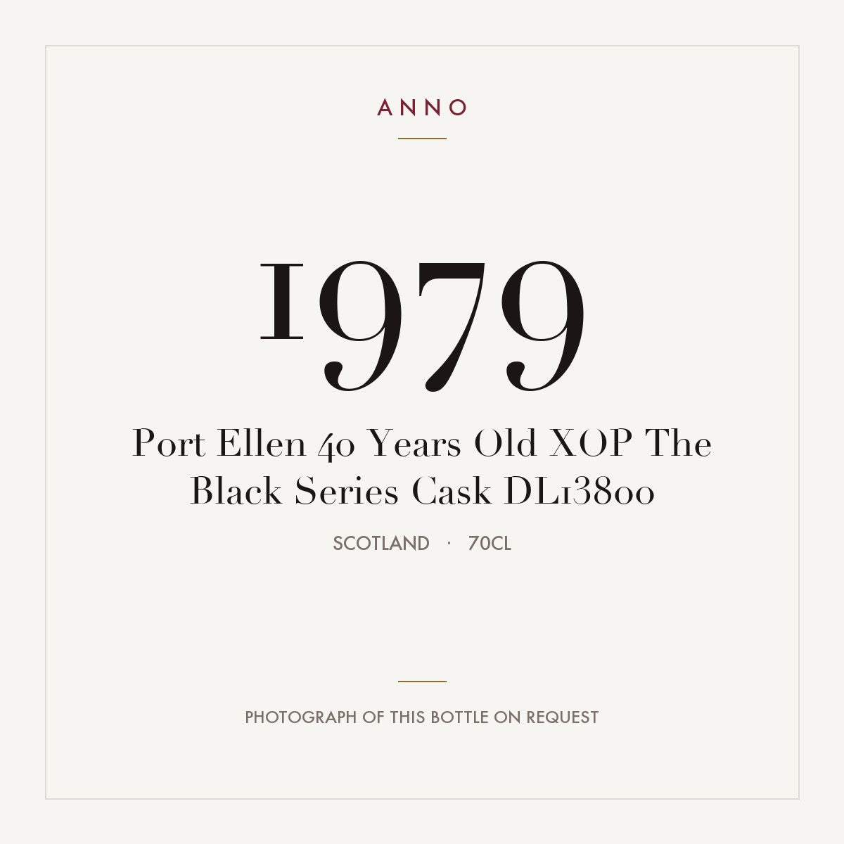 Port Ellen 40 Years Old XOP The Black Series Cask DL13800 1979 0,7l, Шотландия — карточка урожая ANNO; фото настоящей бутылки по запросу