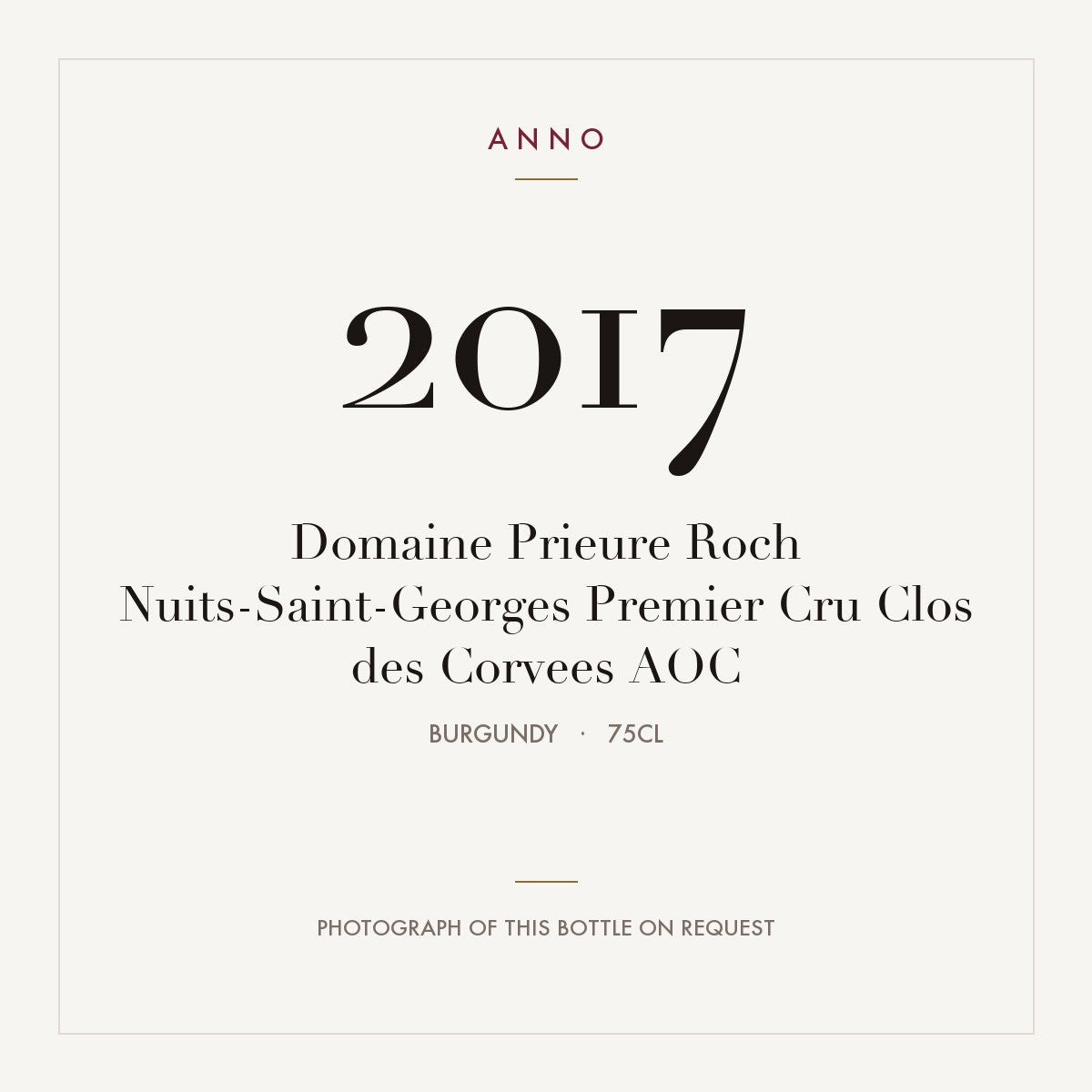 Domaine Prieure Roch Nuits-Saint-Georges Premier Cru Clos des Corvees 2017 AOC 0,75l from Burgundy — ANNO vintage card; photograph of the actual bottle available on request