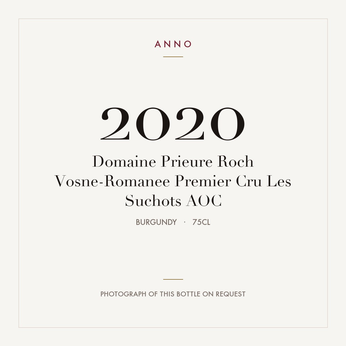 Domaine Prieure Roch Vosne-Romanee Premier Cru Les Suchots 2020 AOC 0,75l, Borgonha — cartão de colheita ANNO; fotografia da garrafa real disponível a pedido