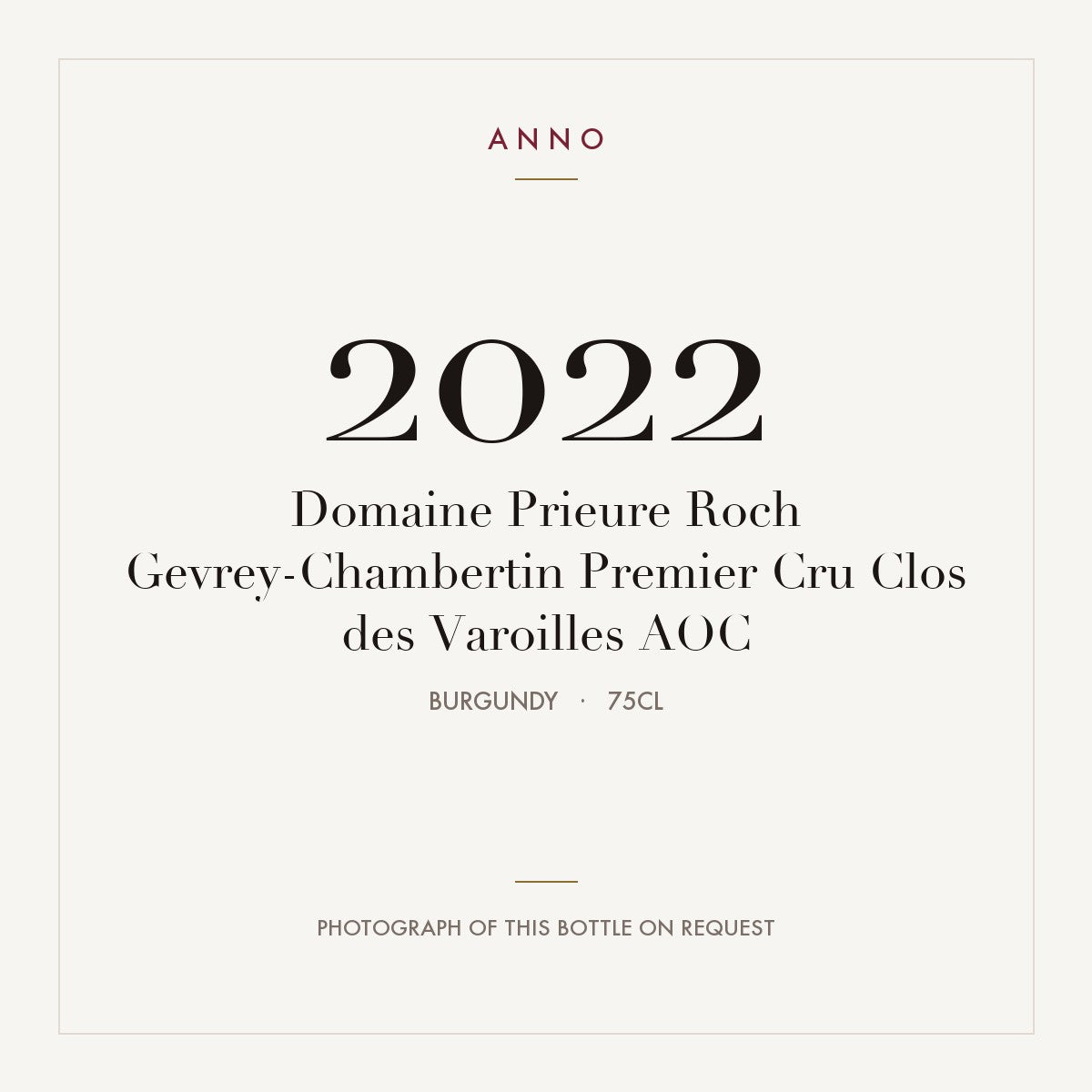 Domaine Prieure Roch Gevrey-Chambertin Premier Cru Clos des Varoilles 2022 AOC 0,75l from Burgundy — ANNO vintage card; photograph of the actual bottle available on request