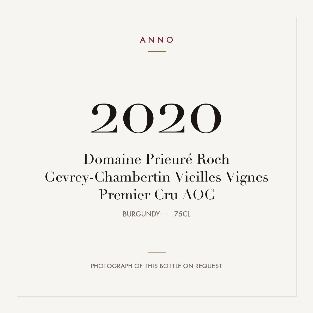 Domaine Prieure Roch Gevrey-Chambertin Premier Cru Vieilles Vignes 2020 AOC 0,75l — ANNO vintage card; photograph of the actual bottle available on request