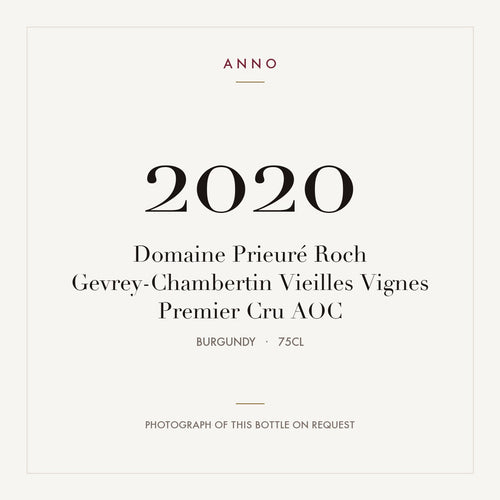 Domaine Prieure Roch Gevrey-Chambertin Premier Cru Vieilles Vignes 2020 AOC 0,75l — cartão de colheita ANNO; fotografia da garrafa real disponível a pedido
