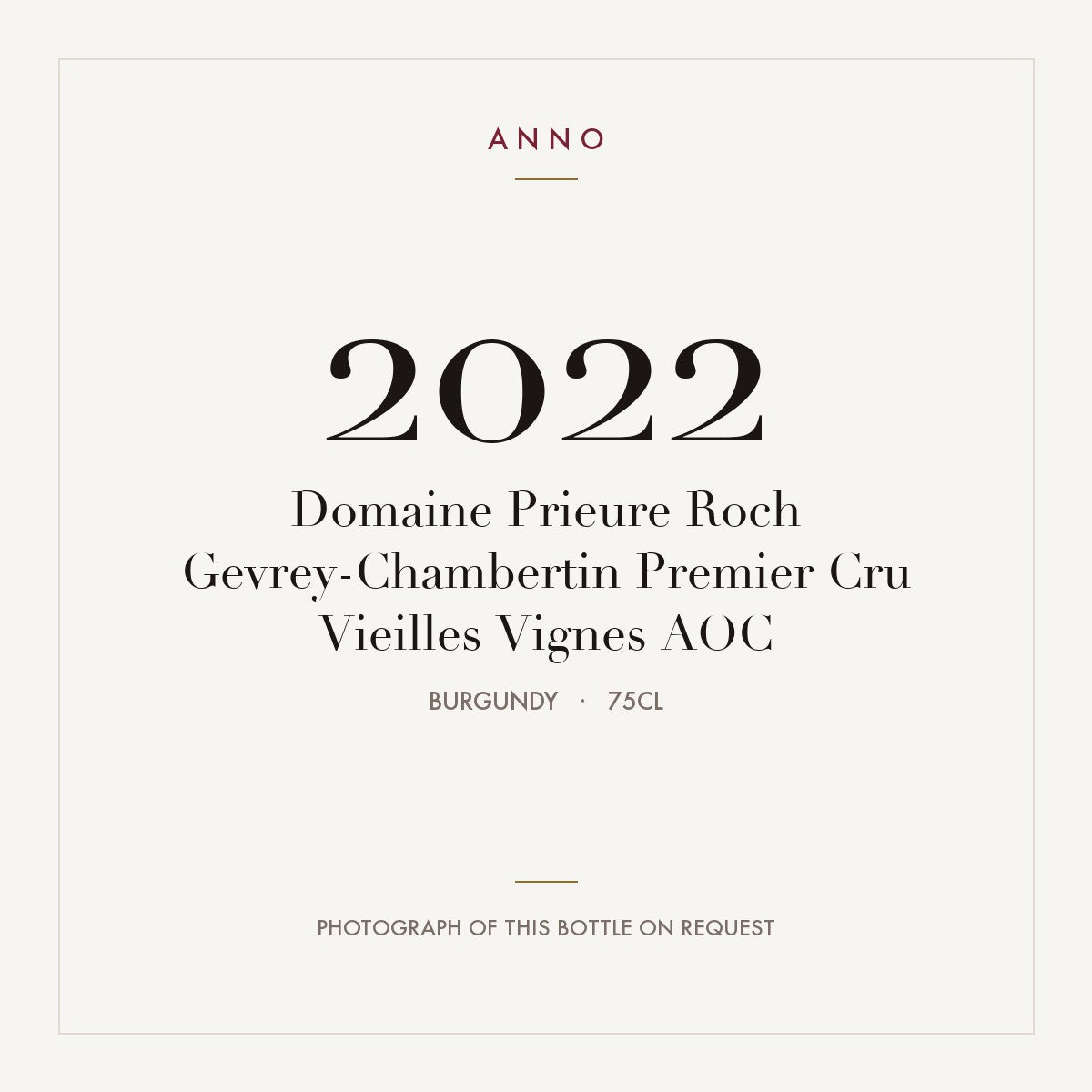 Domaine Prieure Roch Gevrey-Chambertin Premier Cru Vieilles Vignes 2022 AOC 0,75l, Bourgogne — ANNO-jaargangkaart; foto van de echte fles op aanvraag