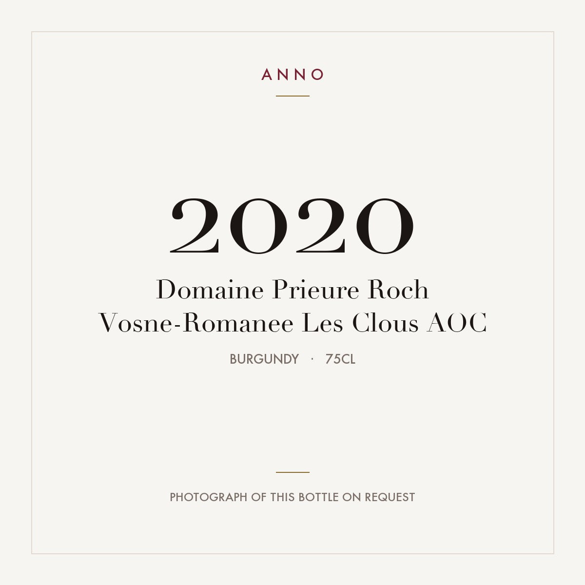 Domaine Prieure Roch Vosne-Romanee Les Clous 2020 AOC 0,75l, ブルゴーニュ — ANNOヴィンテージカード。実際のボトルの写真はご要望に応じてご用意します