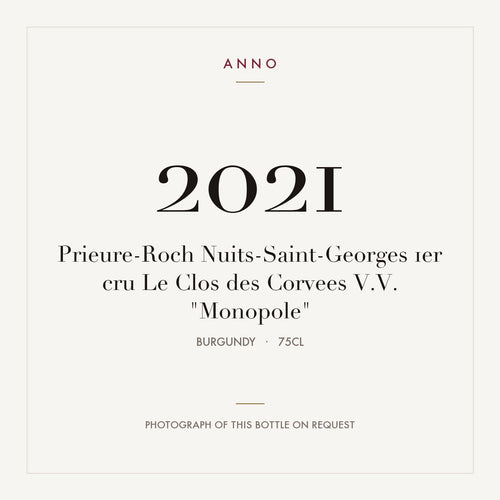 Prieure-Roch Nuits-Saint-Georges 1er cru Le Clos des Corvees V.V. "Monopole" 2021 0,75l from Burgundy — ANNO vintage card; photograph of the actual bottle available on request