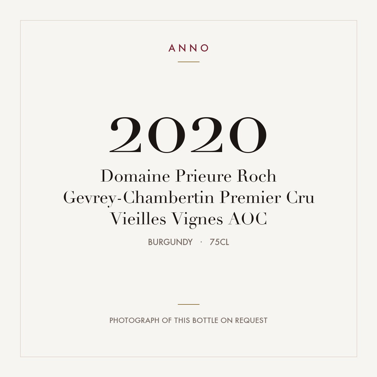 Domaine Prieure Roch Gevrey-Chambertin Premier Cru Vieilles Vignes 2020 AOC 0,75l, Бургундия — карточка урожая ANNO; фото настоящей бутылки по запросу