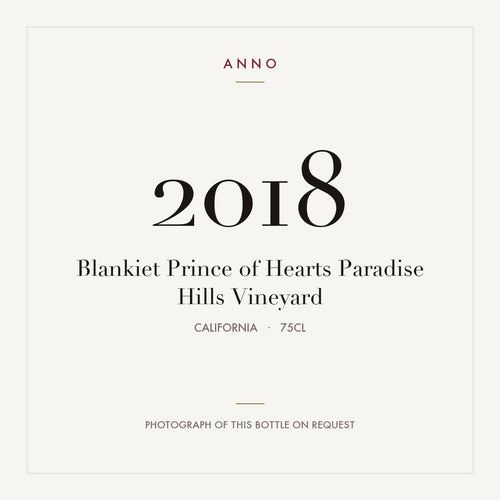 Blankiet Prince of Hearts Paradise Hills Vineyard 2018 0,75l from California — ANNO vintage card; photograph of the actual bottle available on request