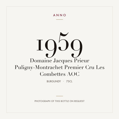 Domaine Jacques Prieur Puligny-Montrachet Premier Cru Les Combettes 1959 AOC 0,75l from Burgundy — ANNO vintage card; photograph of the actual bottle available on request