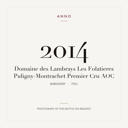 Domaine des Lambrays Les Folatieres Puligny-Montrachet Premier Cru 2014 AOC 0,75l from Burgundy — ANNO vintage card; photograph of the actual bottle available on request