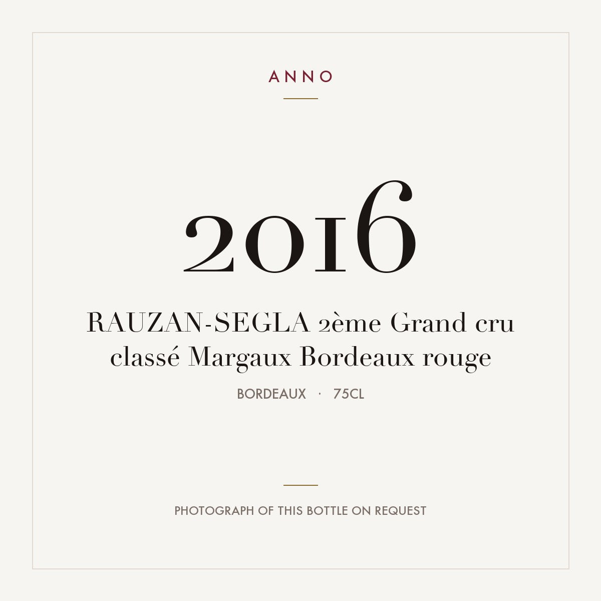 Chateau Rauzan-Segla Margaux 2016 AOC 0,75l — ANNO vintage card; photograph of the actual bottle available on request
