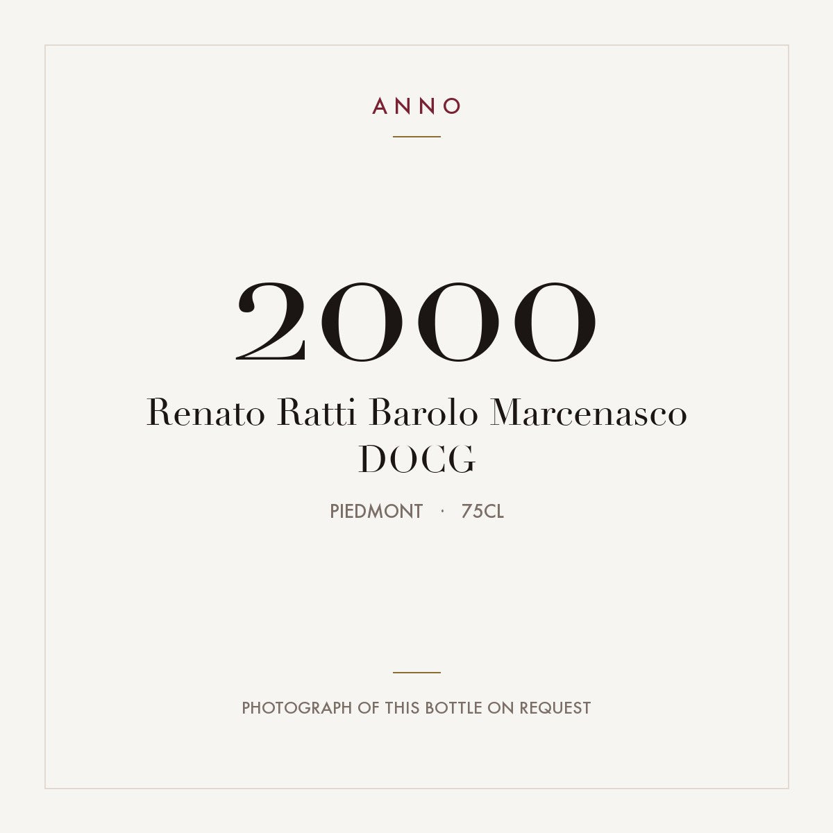 Renato Ratti Barolo Marcenasco 2000 DOCG 0,75l from Piedmont — ANNO vintage card; photograph of the actual bottle available on request