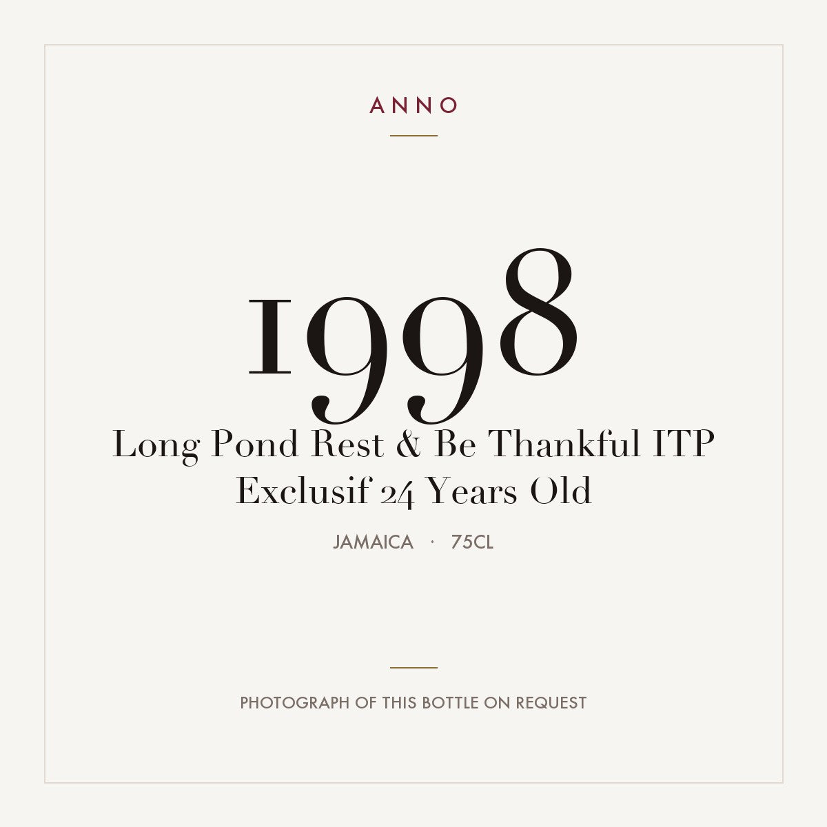 Long Pond Rest & Be Thankful ITP Exclusif 24 Years Old 1998 0,75l from Jamaica — ANNO vintage card; photograph of the actual bottle available on request