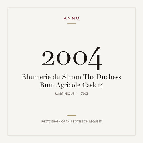 Rhumerie du Simon The Duchess Rum Agricole Cask 14 2004 0,7l from Martinique — ANNO vintage card; photograph of the actual bottle available on request