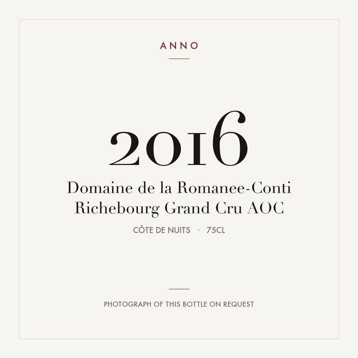 Domaine de la Romanee-Conti Richebourg Grand Cru 2016 AOC 0,75l from Côte de Nuits — cartão de colheita ANNO; fotografia da garrafa real disponível a pedido