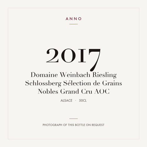Domaine Weinbach Alsace Grand Cru Schlossberg Riesling Schlossberg Selection de Grains Nobles Grand Cru 2017 AOC 0,5l — ANNO vintage card; photograph of the actual bottle available on request