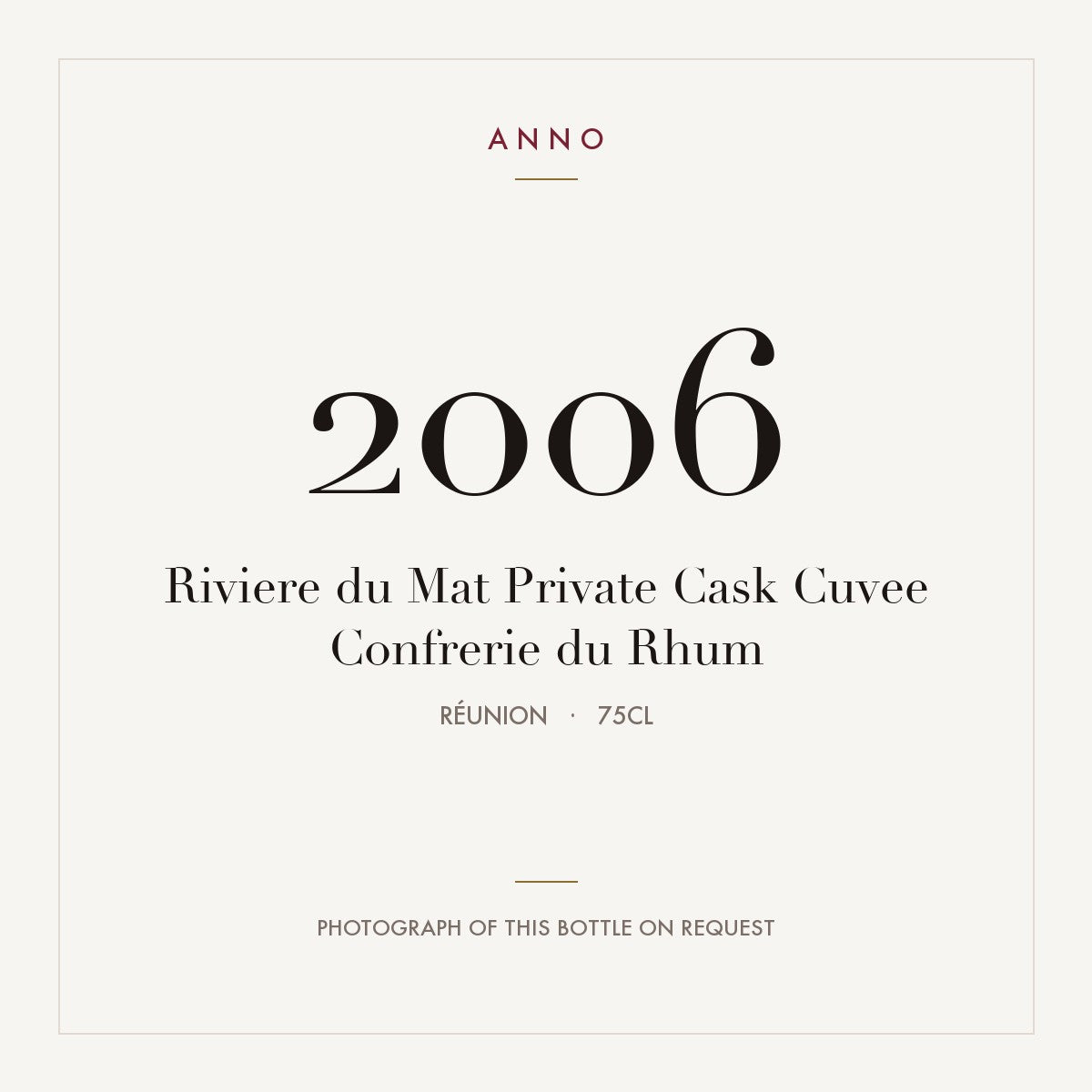 Riviere du Mat Private Cask Cuvee Confrerie du Rhum 2006 0,75l from Réunion — ANNO vintage card; photograph of the actual bottle available on request