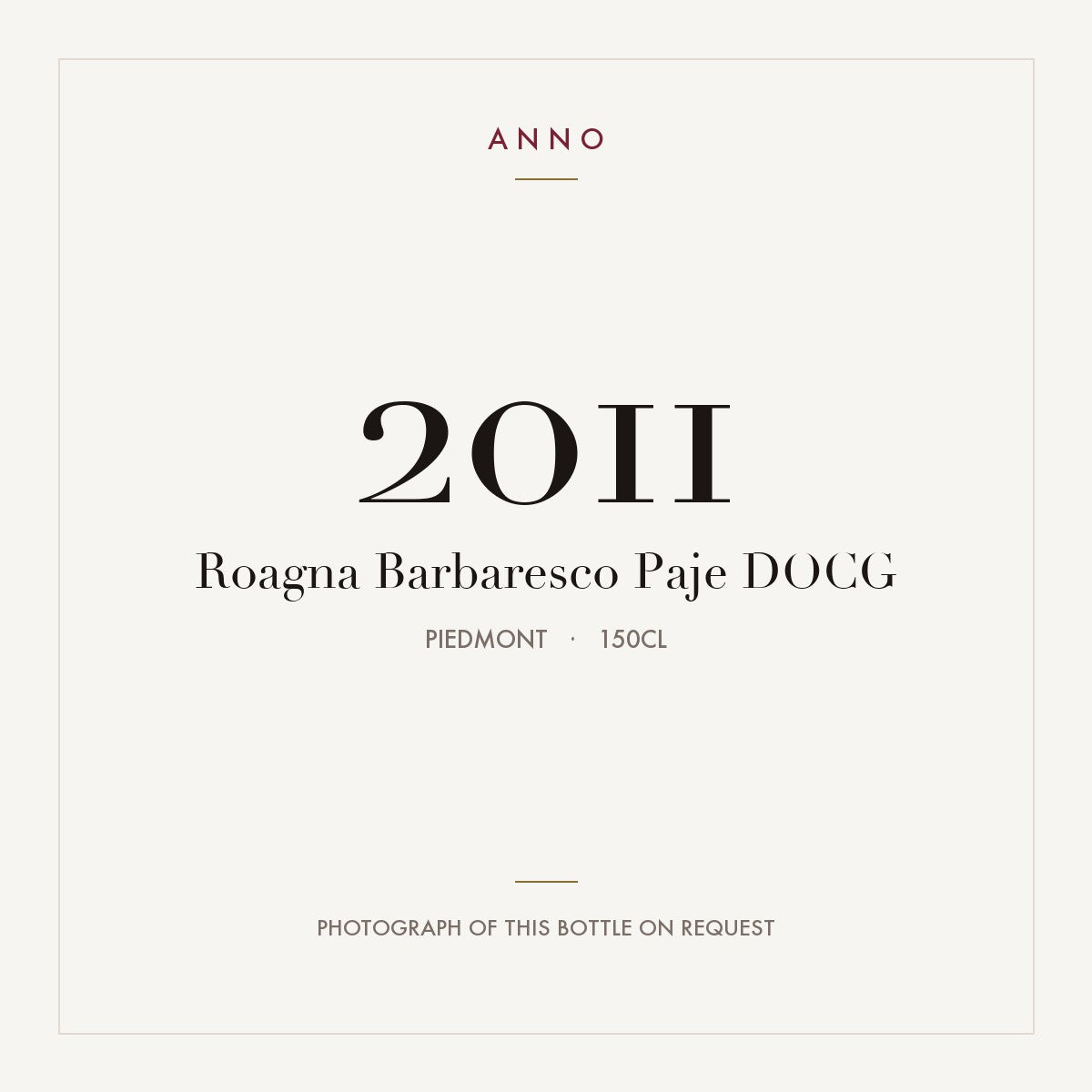Roagna Barbaresco Paje 2011 DOCG 1,5l, Piemonte — cartão de colheita ANNO; fotografia da garrafa real disponível a pedido