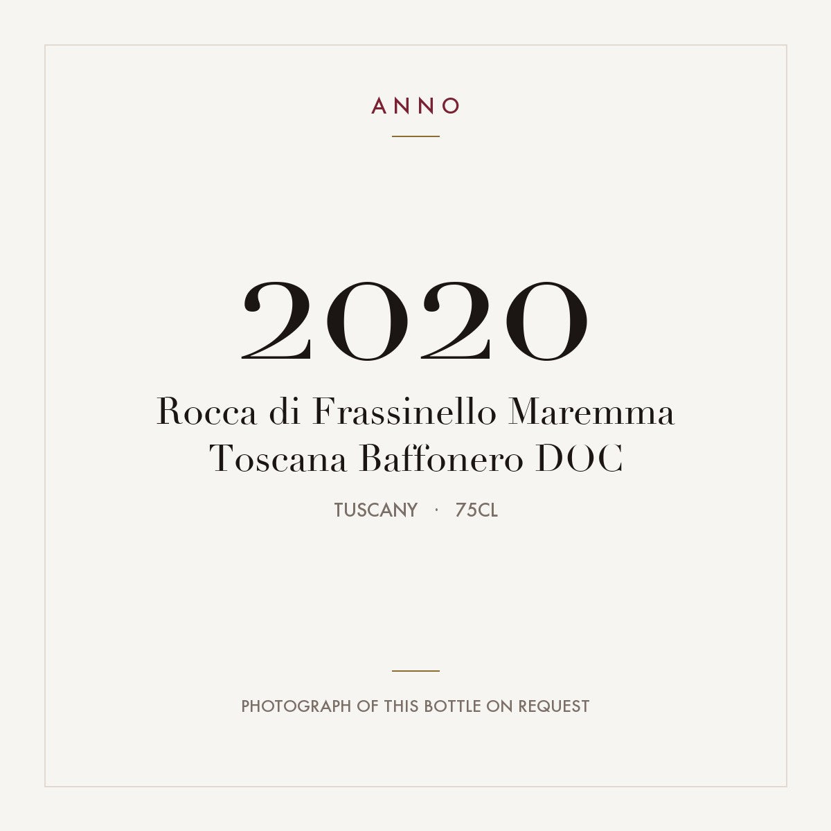 Rocca di Frassinello Maremma Toscana Baffonero 2020 DOC 0,75l, トスカーナ — ANNOヴィンテージカード。実際のボトルの写真はご要望に応じてご用意します