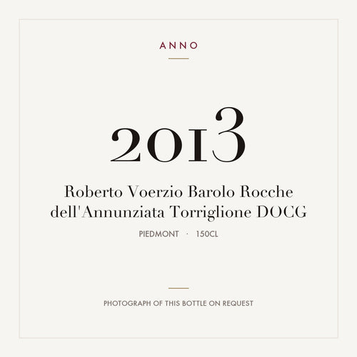 Roberto Voerzio Barolo Rocche dell'Annunziata Torriglione 2013 DOCG 1,5l from Piedmont — ANNO vintage card; photograph of the actual bottle available on request