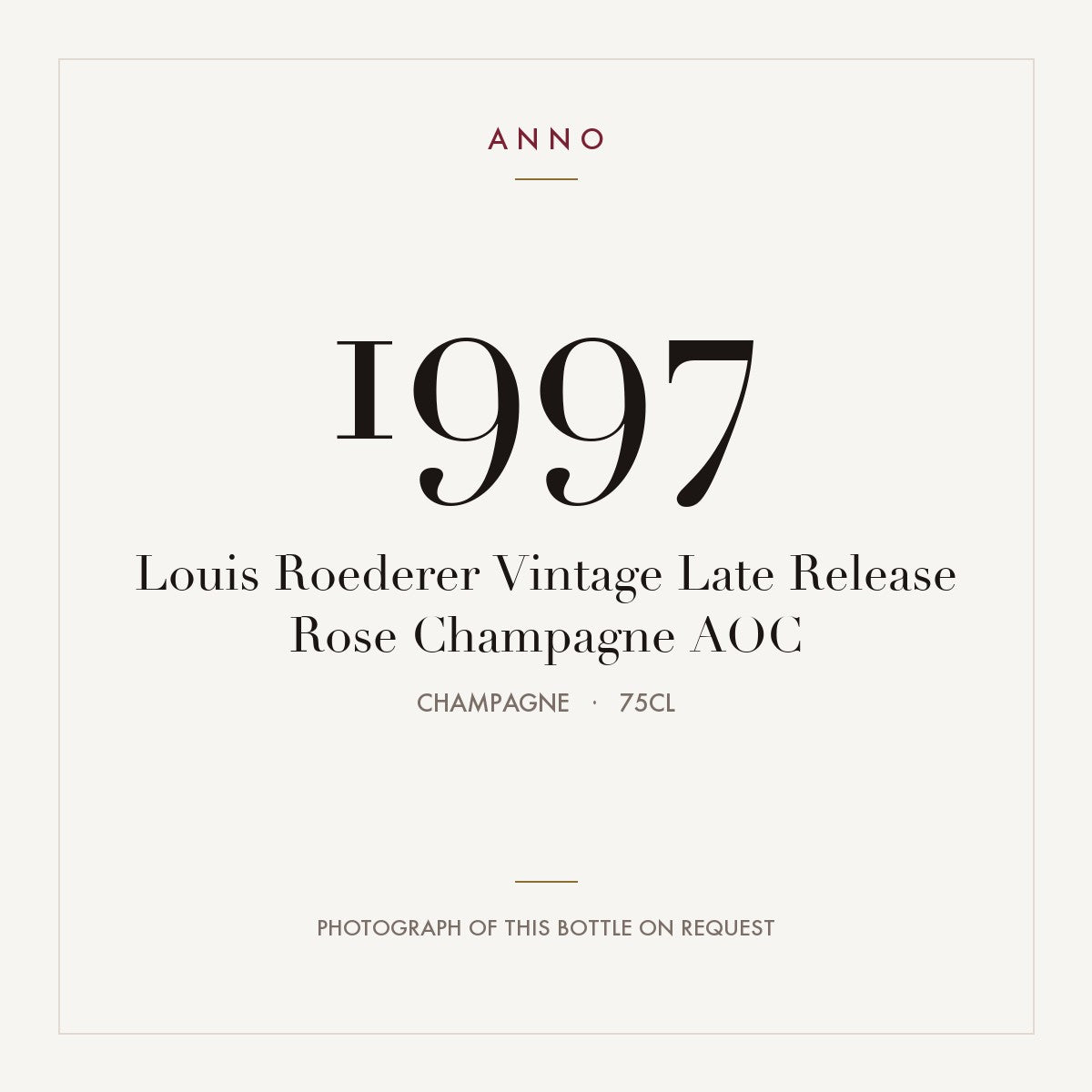 Louis Roederer Vintage Late Release Rose Champagne 1997 AOC 0,75l, Champagne — carte millésime ANNO ; photo de la bouteille réelle disponible sur demande