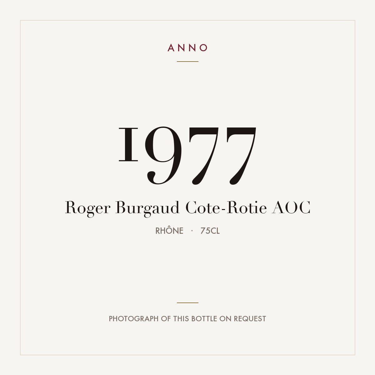 Roger Burgaud Cote-Rotie 1977 AOC 0,75l, Rhône — ANNO-Jahrgangskarte; Foto der tatsächlichen Flasche auf Anfrage
