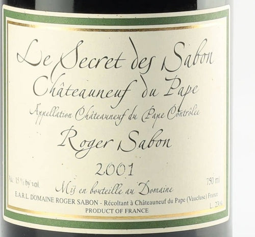 Roger Sabon Chateauneuf-du-Pape Cuvee Le Secret des Sabon 2001 AOC 0,75l from Rhône — ANNO vintage card; photograph of the actual bottle available on request