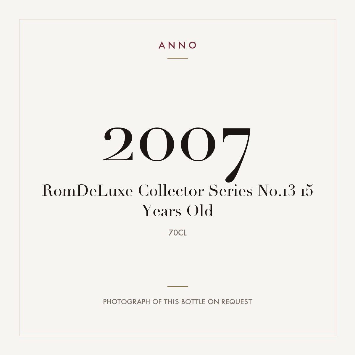 RomDeLuxe Collector Series No.13 15 Years Old 2007 0,7l — ANNO vintage card; photograph of the actual bottle available on request