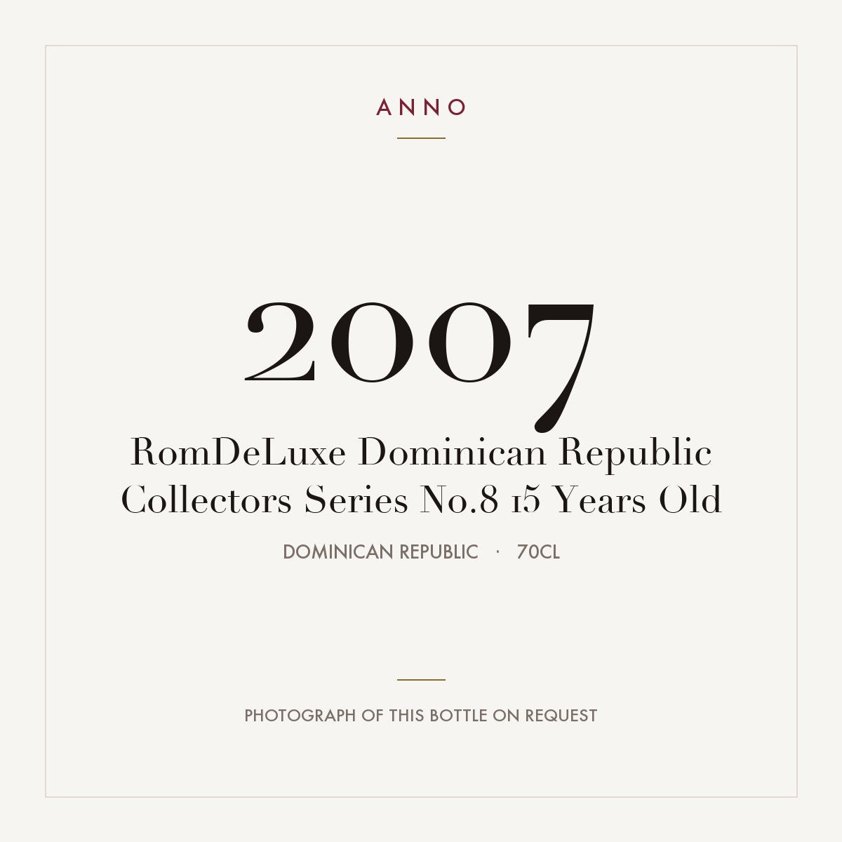 RomDeLuxe Dominican Republic Collectors Series No.8 15 Years Old 2007 0,7l from Dominican Republic — ANNO vintage card; photograph of the actual bottle available on request