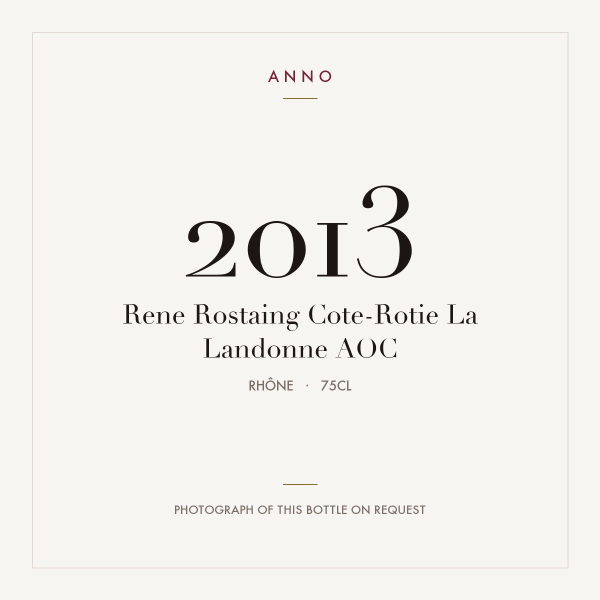 Rene Rostaing Cote-Rotie La Landonne 2013 AOC 0,75l, Rhône — carte millésime ANNO ; photo de la bouteille réelle disponible sur demande