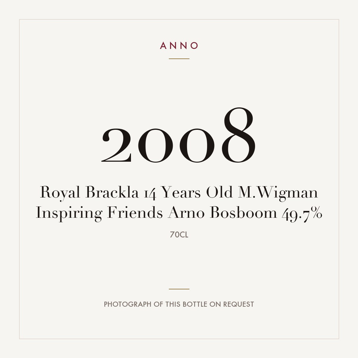 Royal Brackla 14 Years Old M.Wigman Inspiring Friends Arno Bosboom 2008 0,7l — ANNO vintage card; photograph of the actual bottle available on request