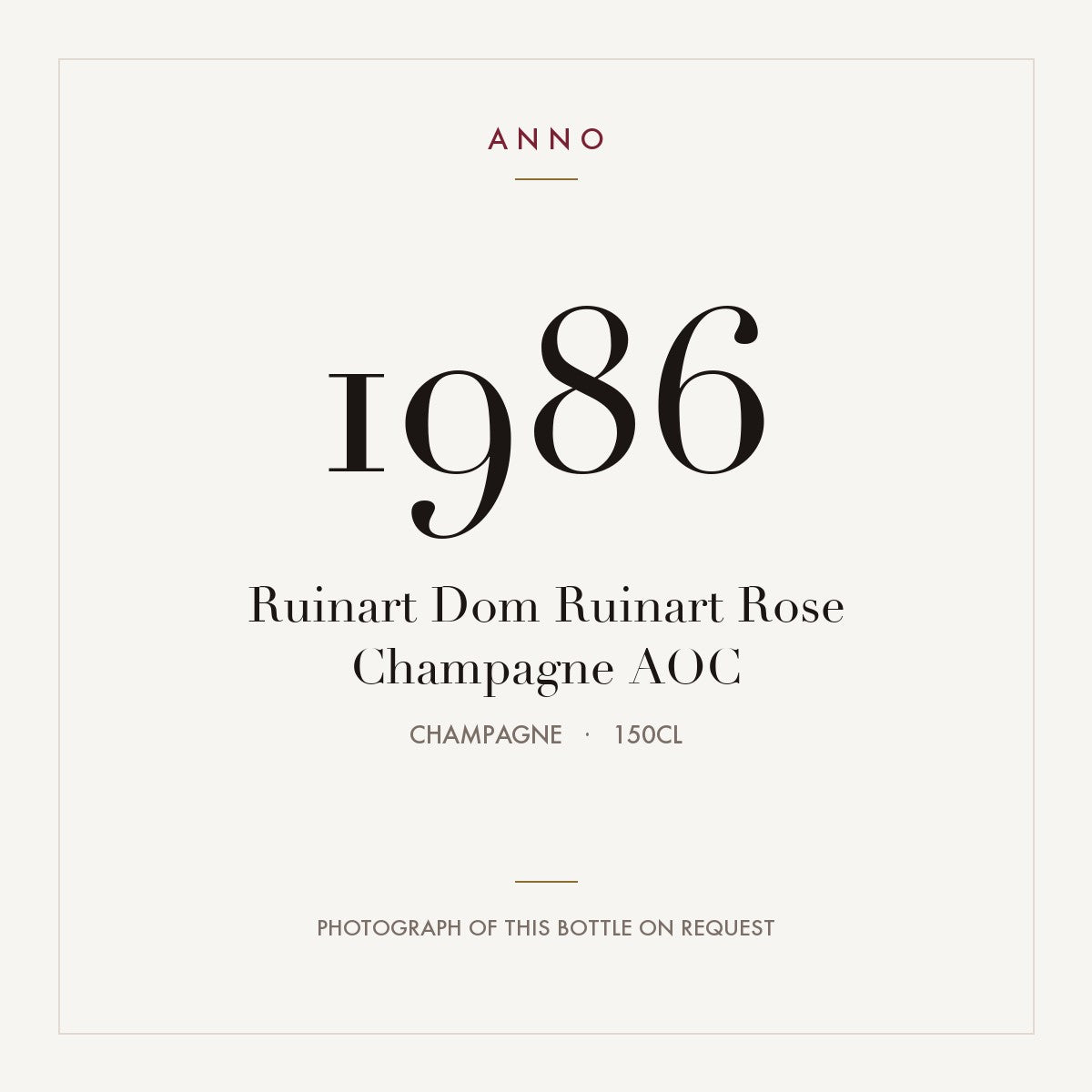 Ruinart Dom Ruinart Rose Champagne 1986 AOC 1,5l, Champagne — cartão de colheita ANNO; fotografia da garrafa real disponível a pedido