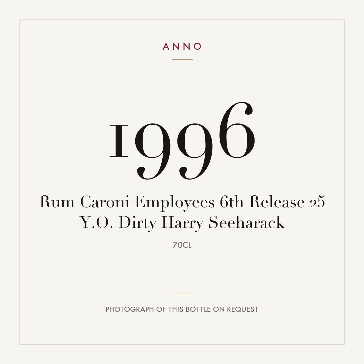Rum Caroni Employees 6th Release 25 Y.O. Dirty Harry Seeharack 1996 0,7l — ANNO 年份卡；實際酒瓶照片可應要求提供