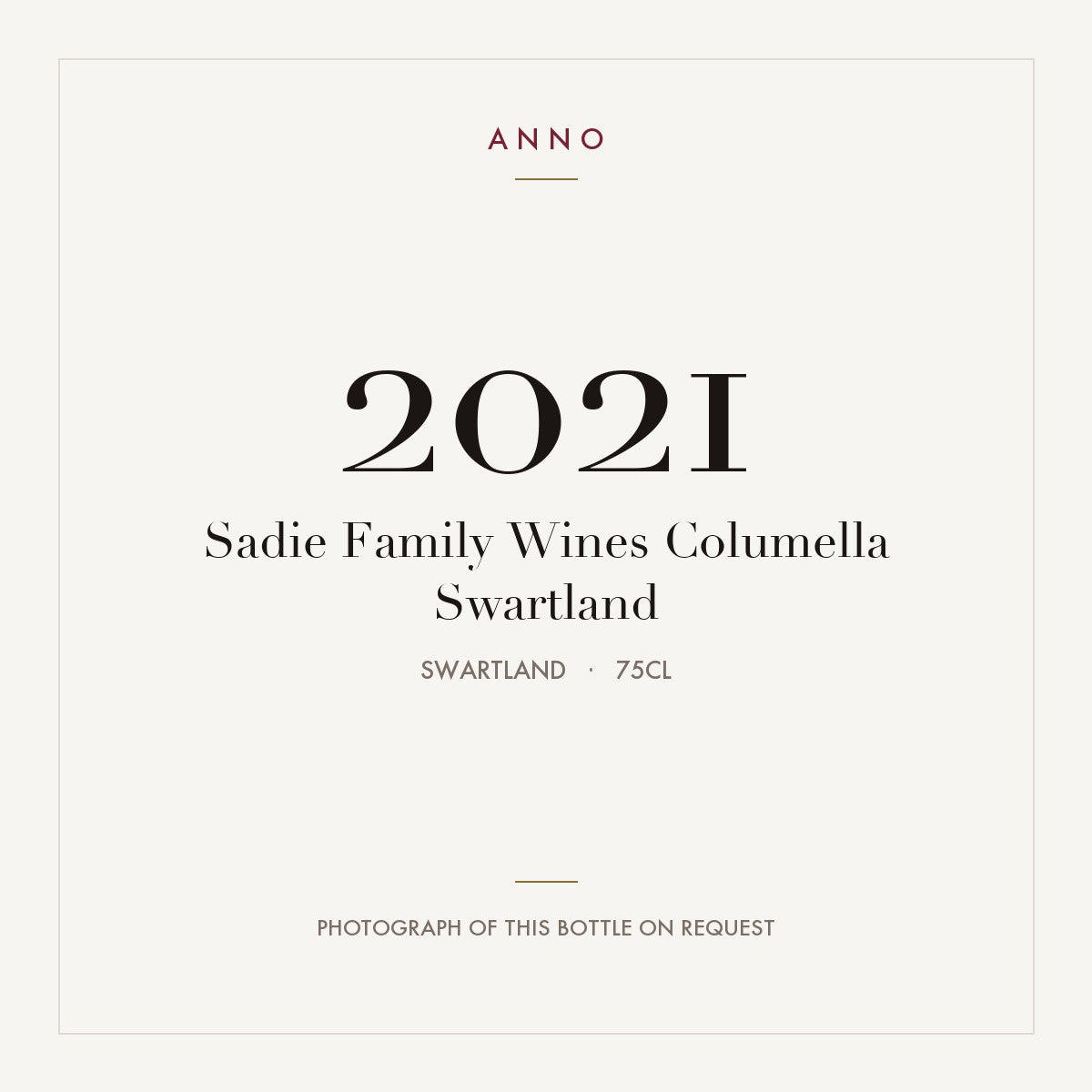 Sadie Family Wines Columella Swartland 2021 0,75l, Swartland — tarjeta de añada ANNO; foto de la botella real disponible bajo petición