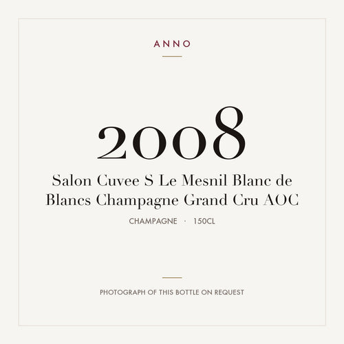 Salon Cuvee S Le Mesnil Blanc de Blancs Champagne Grand Cru 2008 AOC 1,5l, Champagne — card dell'annata ANNO; foto della bottiglia reale disponibile su richiesta